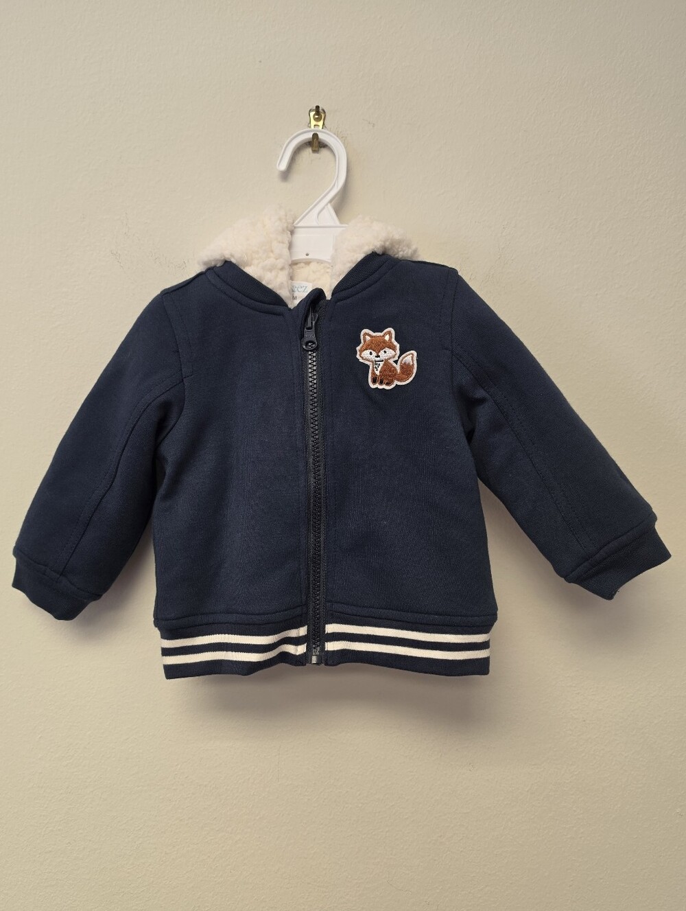 Robeez Fox Patch Sherpa Lined Reversible Hoodie Jacket Navy Blue White 6 - 9 M